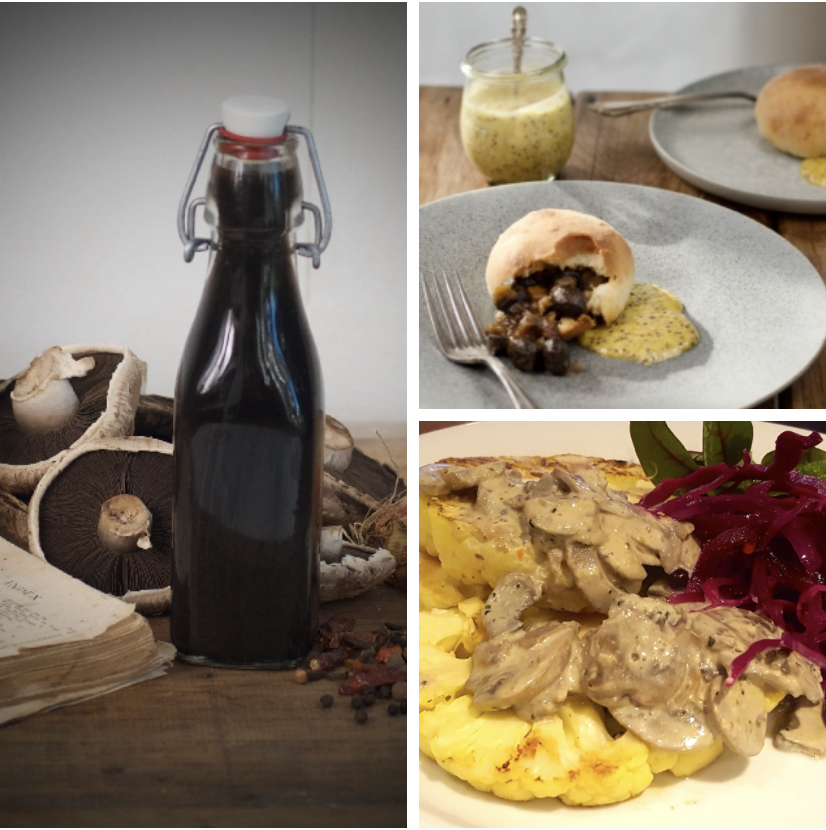 A collage featuring three different dishes. On the left, a dark bottle of mushroom ketchup sits on a wooden surface surrounded by portobello mushrooms, and whole spices next to a vintage cookbook. The top right shows a plate with a barley button bun, a vegan brioche bun filled with a savoury stew of barley and button mushrooms served with a creamy mustard sauce. In the bottom right, a plate holds a seared cauliflower steak topped with a creamy mushroom sauce and a side of braised red cabbage.